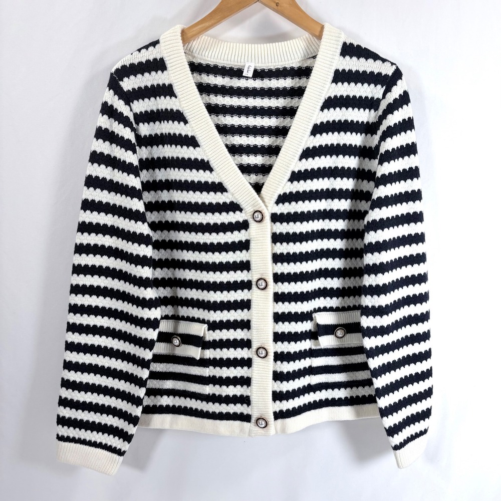 Casly Lamiit Women's L Black White Stripe Button‎ Cardigan Sweater Pearl Buttons - Picture 2 of 7
